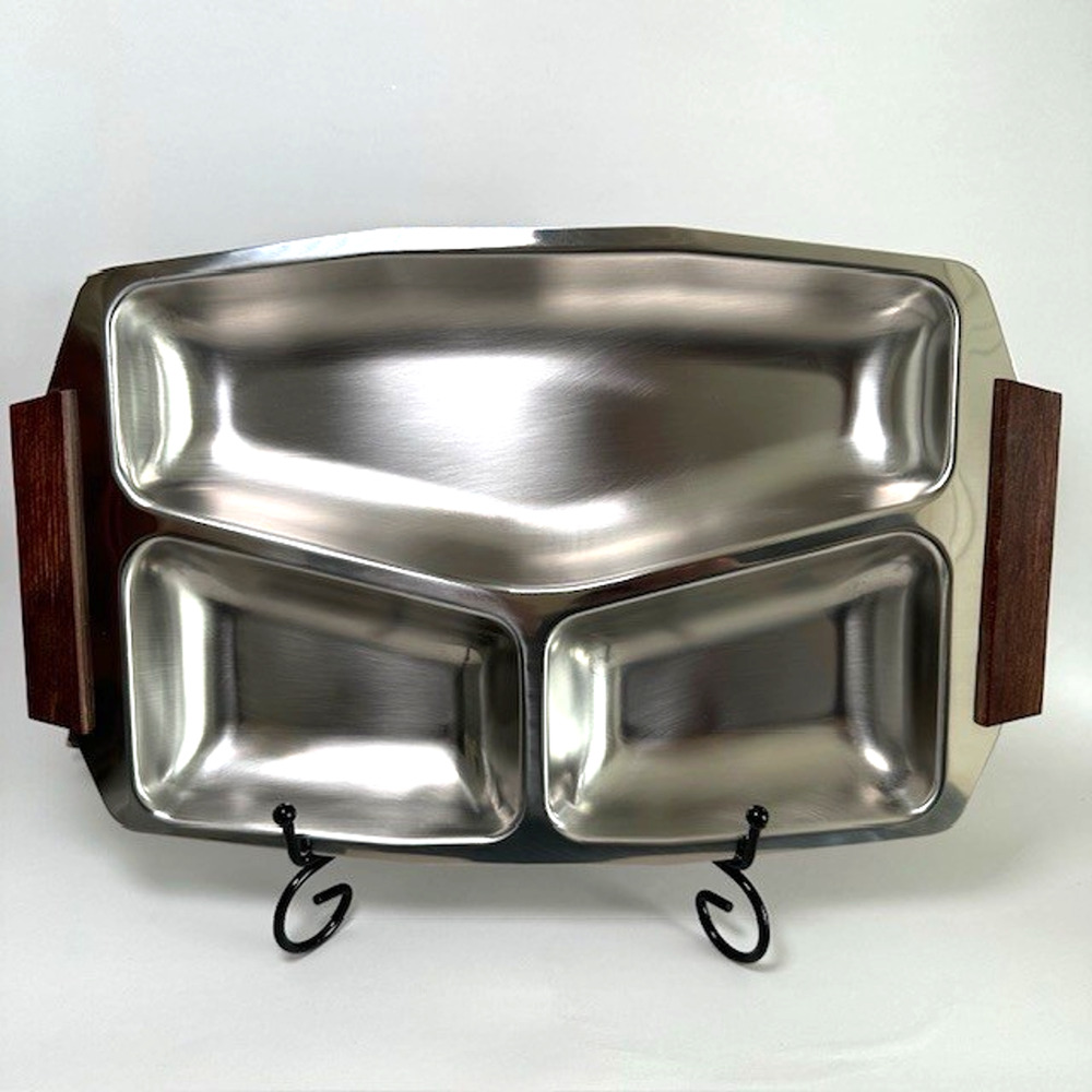 MCM 18/8 Stainless Steel Divided Serving Tray w/Pakka Wood Handle in Box VTG